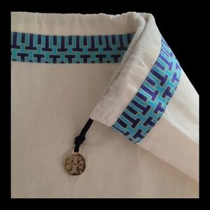 Tory Burch White Travel Bag with Blue Geometric Trim